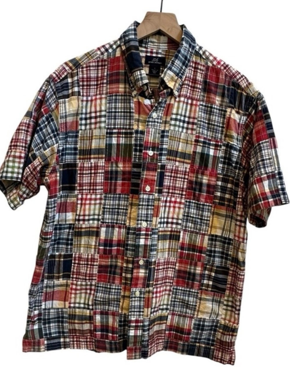 Brooks Brothers Patchwork Madras Shirt Short Sleeve‎ Cotton Plaid Mens Sz Large